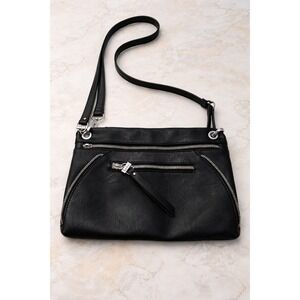 Nicole Miller New York Black Faux Leather Crossbody Bag Silver Zipper Detail